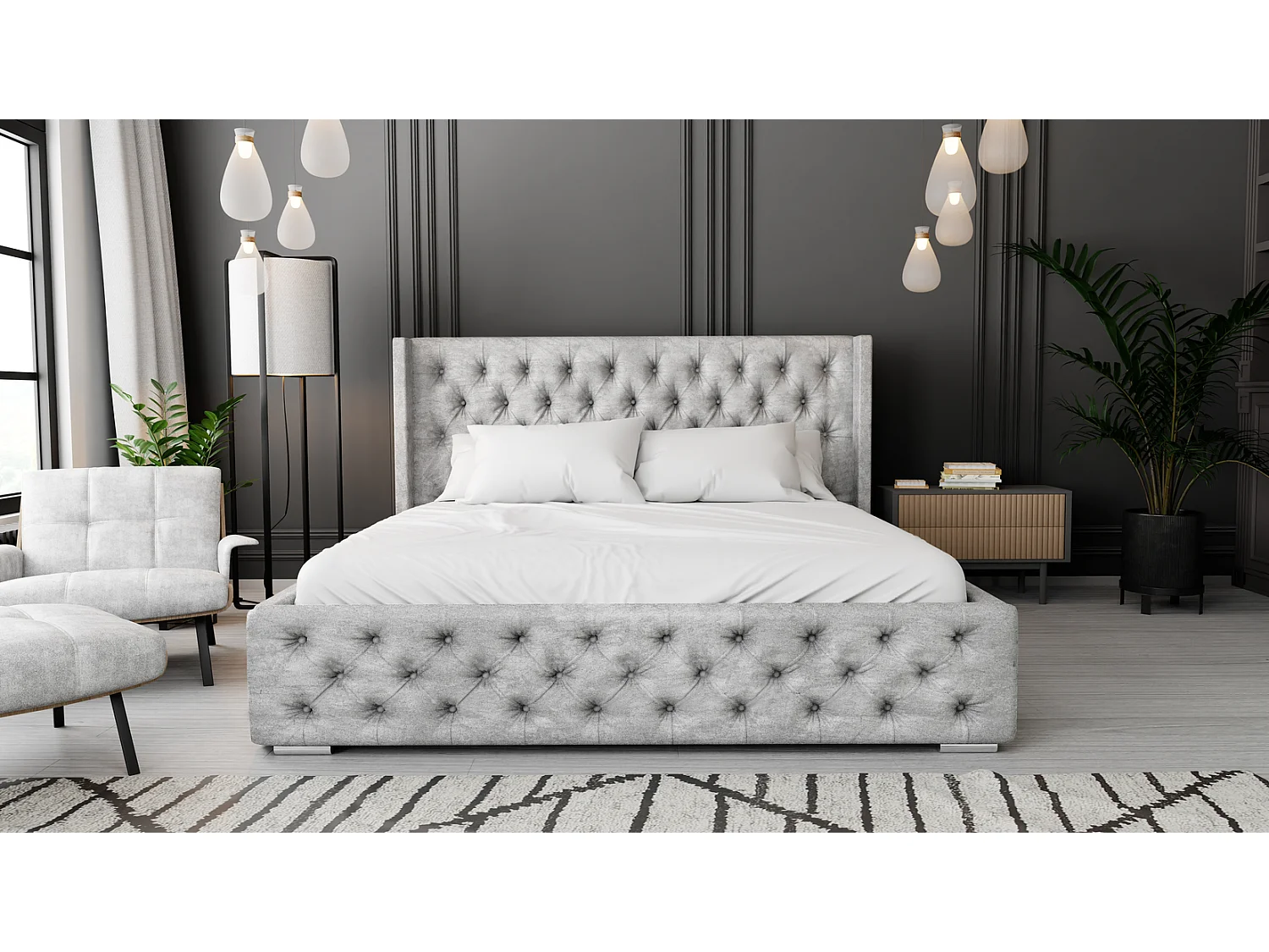 Emporius Lit adulte 200x200 Rolia - Lit double, capitonné - sommier à lattes, rangement, tête de lit - Velvet Gris (Paros 05)