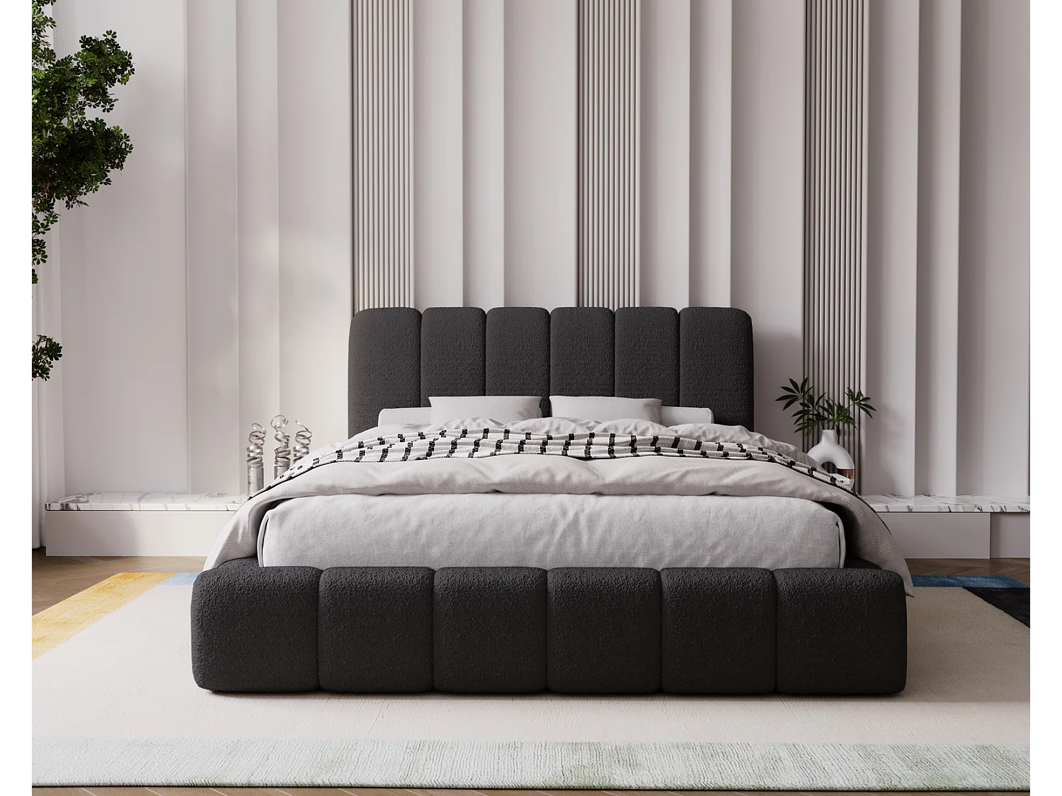 Emporius Lit coffre 200x200 Milan, Lit Rembourré avec Rangement - Lit bouclé Noir (Anthology 19)