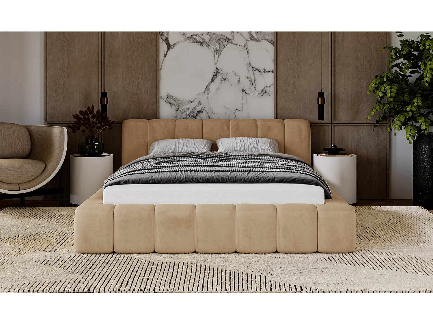 Emporius Lit rembourré 140x200 Bolonia - Lit adulte, lit capitonné, Lit double avec Rangement - Beige foncé (Amor Velvet 4302)