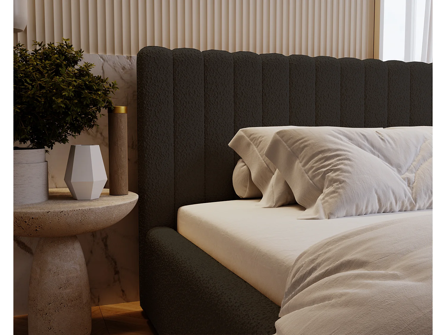 Emporius Gestoffeerd Bed 160x200 Billo - Lattenbodem, Opbergruimte, Beddengoedbox, Hoofdeinde, Bedframe - Tweepersoonsbed - Boucle Zwart (Anthology 19)