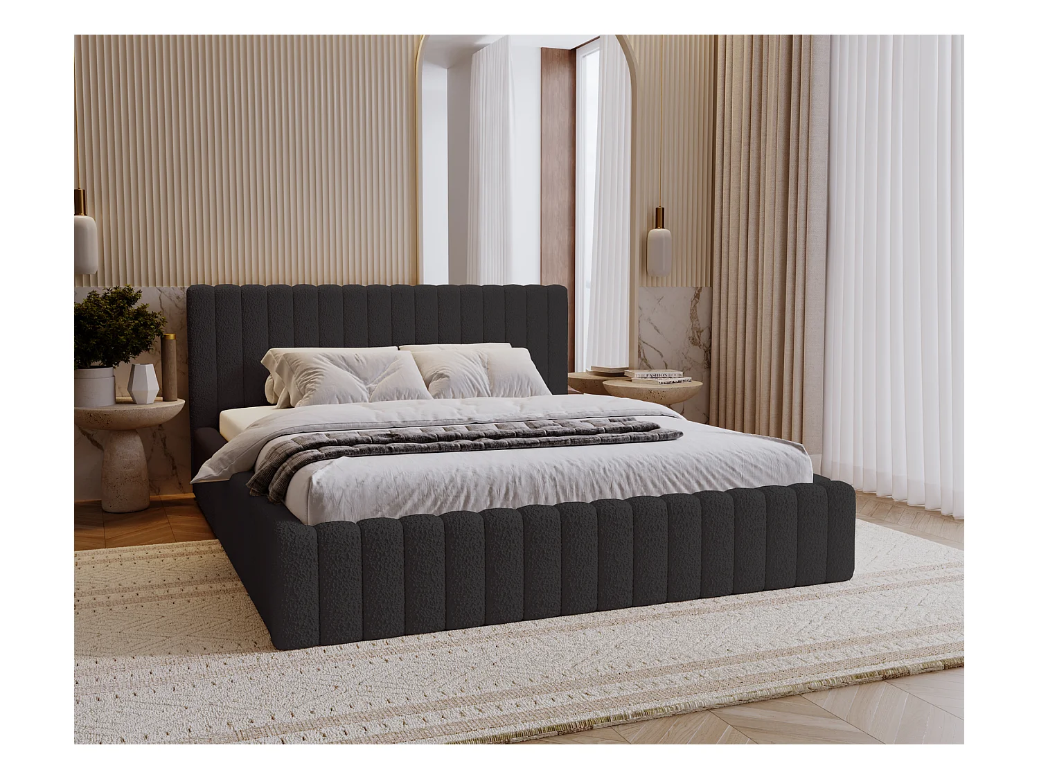 Emporius Lit Rembourré 160x200 cm Billo - lit double avec Rangement, Tête de Lit - Lit adulte, Chambre d'Adolescent - Bouclé Noir (Anthology 19)