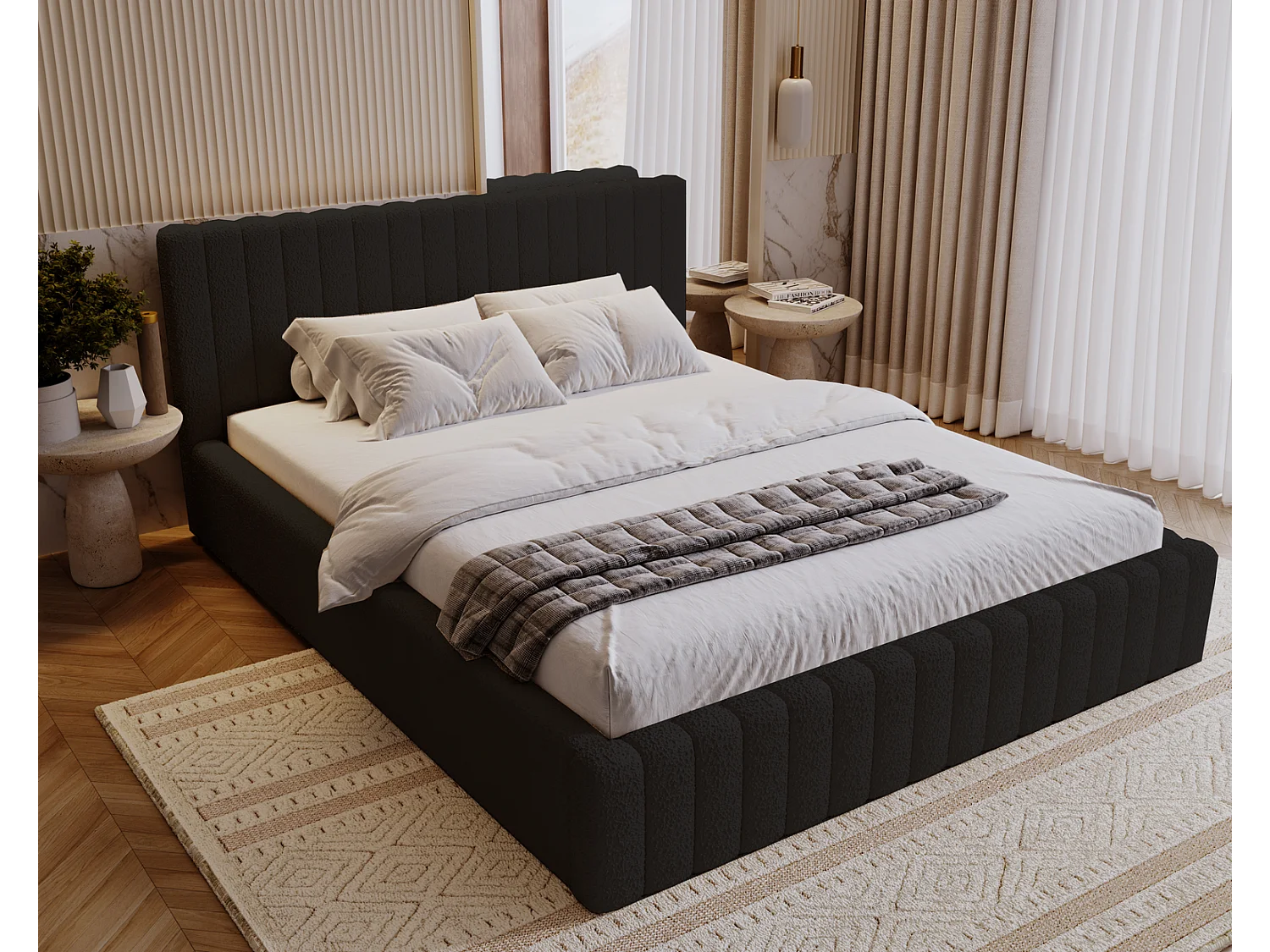 Emporius Polsterbett 160x200 cm Billo - Doppelbett mit Lattenrost und Kopfteil - Stauraum, Bettzeugkasten, Bettkasten - Boucle Schwarz (Anthology 19)