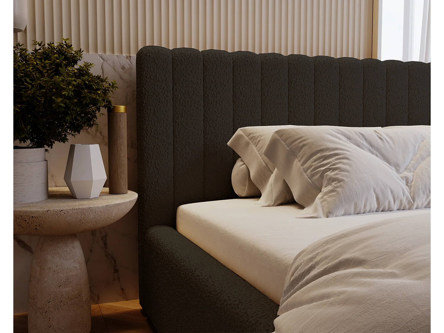 Emporius Polsterbett 160x200 cm Billo - Doppelbett mit Lattenrost und Kopfteil - Stauraum, Bettzeugkasten, Bettkasten - Boucle Schwarz (Anthology 19)