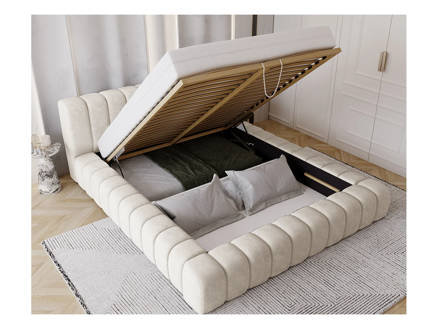 Emporius Lit avec Rangement 160x200cm Como, Lit capitonné, Lit adulte  - Mousse épaisse, tissu Velvet Crème (Whisper 1)