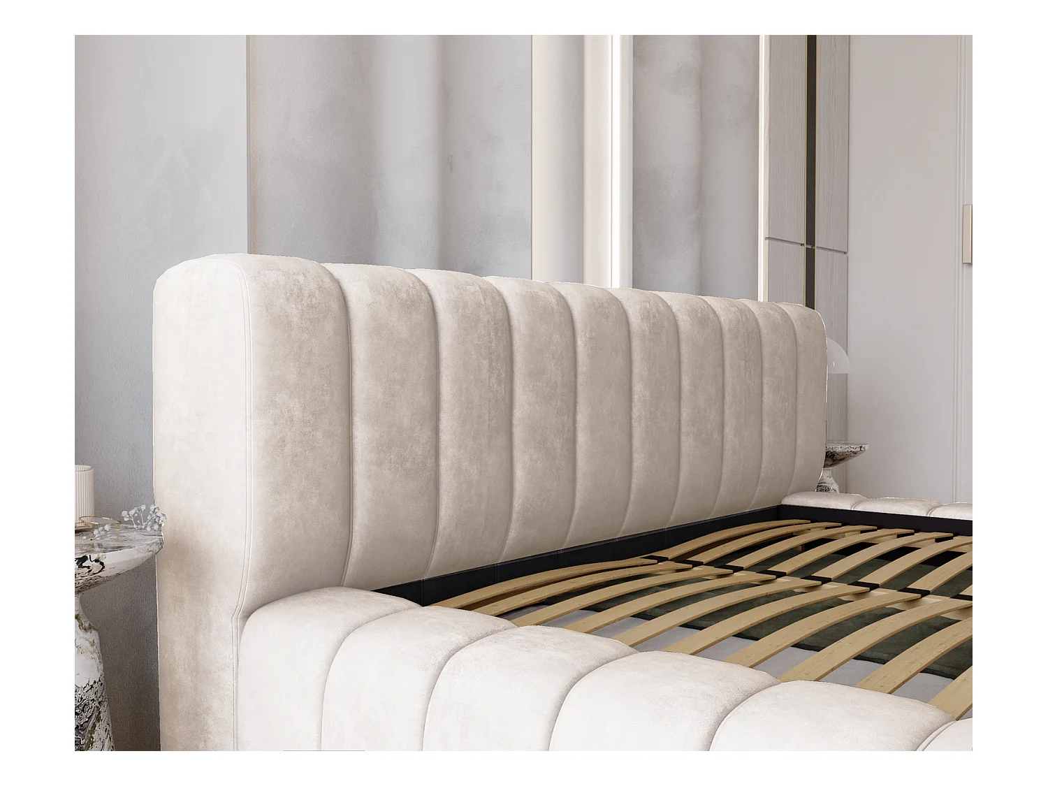 Emporius Lit avec Rangement 160x200cm Como, Lit capitonné, Lit adulte  - Mousse épaisse, tissu Velvet Crème (Whisper 1)