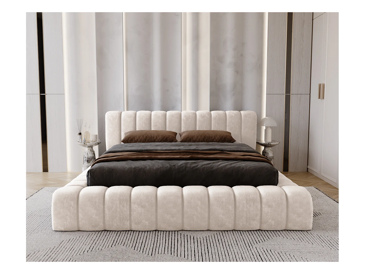 Emporius Lit avec Rangement 160x200cm Como, Lit capitonné, Lit adulte  - Mousse épaisse, tissu Velvet Crème (Whisper 1)