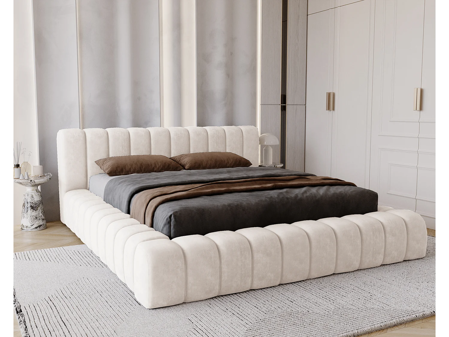 Emporius Lit avec Rangement 160x200cm Como, Lit capitonné, Lit adulte  - Mousse épaisse, tissu Velvet Crème (Whisper 1)