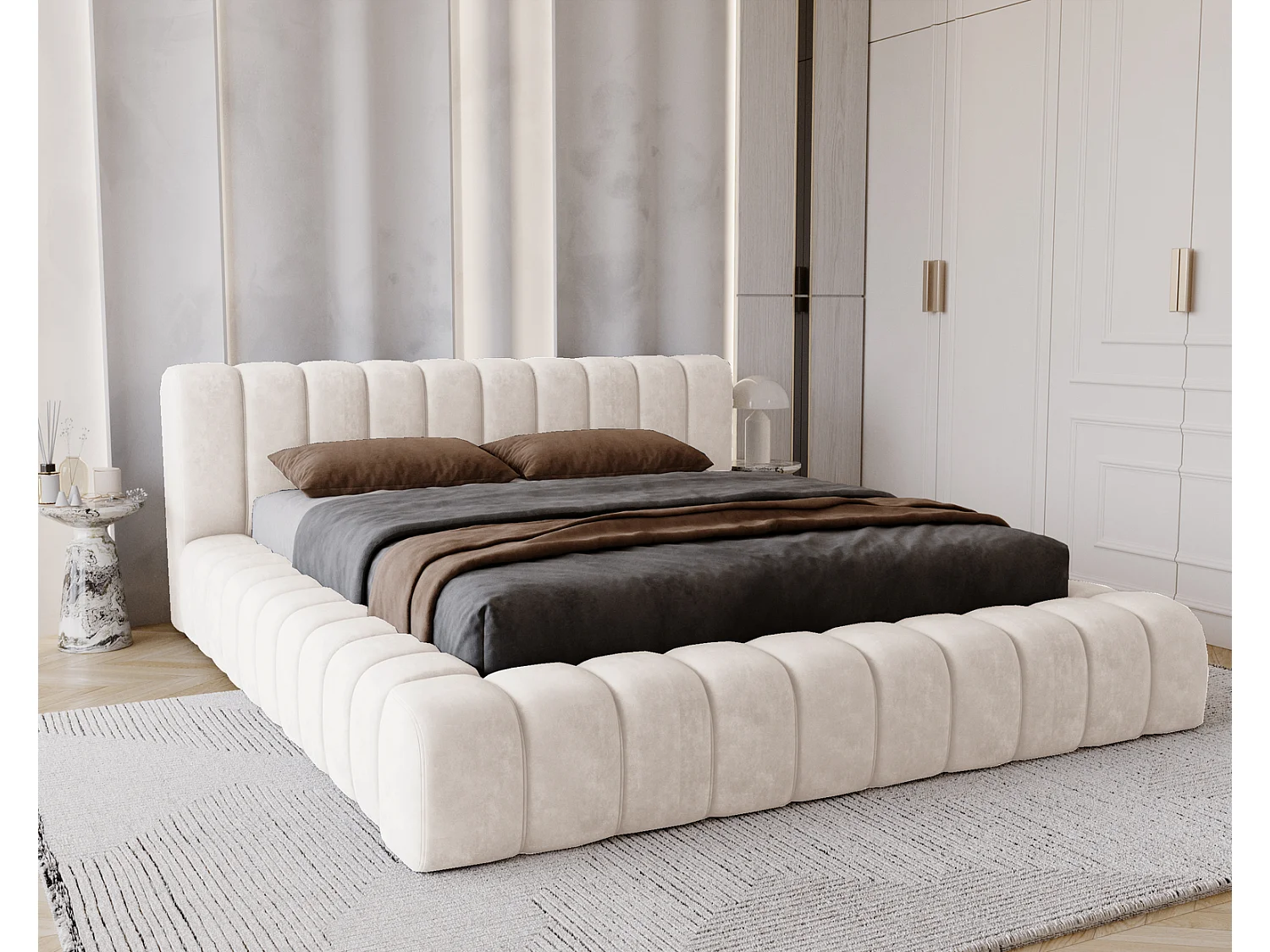 Emporius Lit avec Rangement 160x200cm Como, Lit capitonné, Lit adulte  - Mousse épaisse, tissu Velvet Crème (Whisper 1)