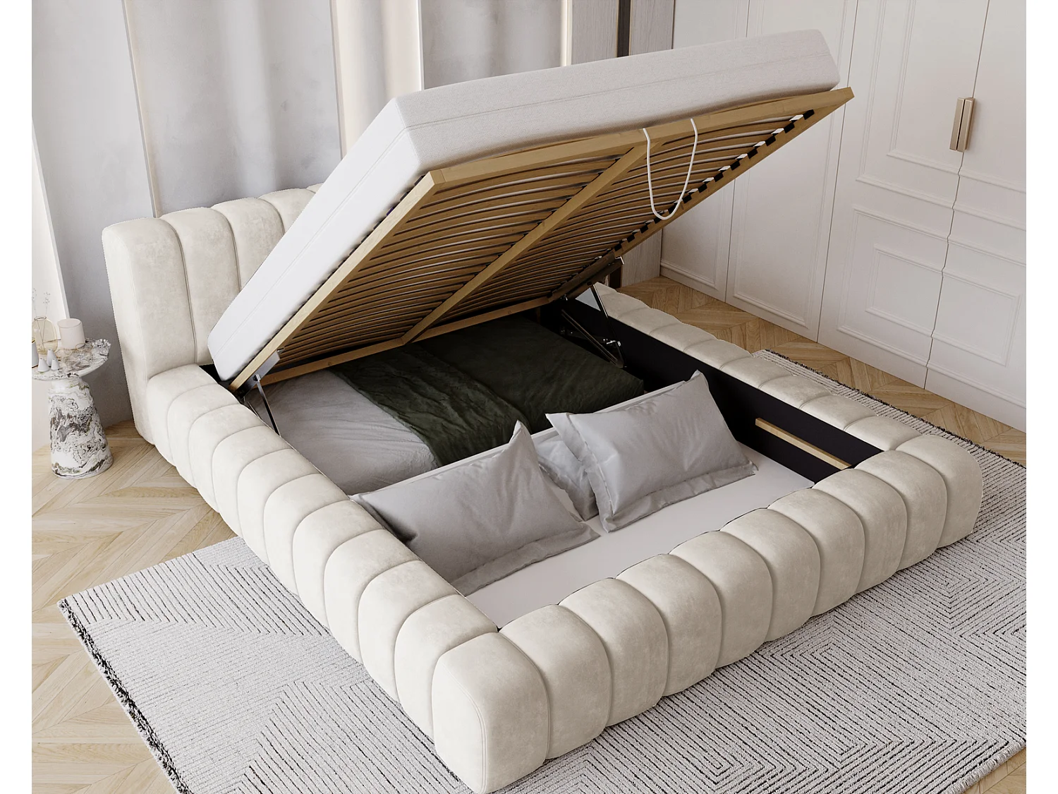 Emporius Lit avec Rangement 160x200cm Como, Lit capitonné, Lit adulte  - Mousse épaisse, tissu Velvet Crème (Whisper 1)
