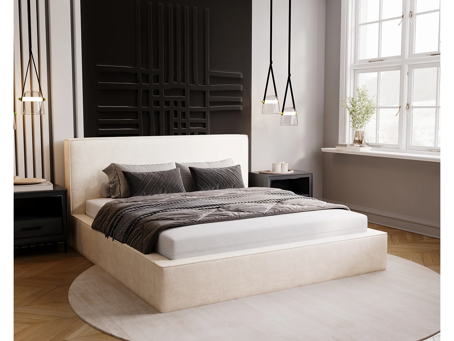 Emporius Gestoffeerd bed 160x200 Amare - tweepersoonsbed met opbergruimte - fluwelen Crème (Komodo 10)