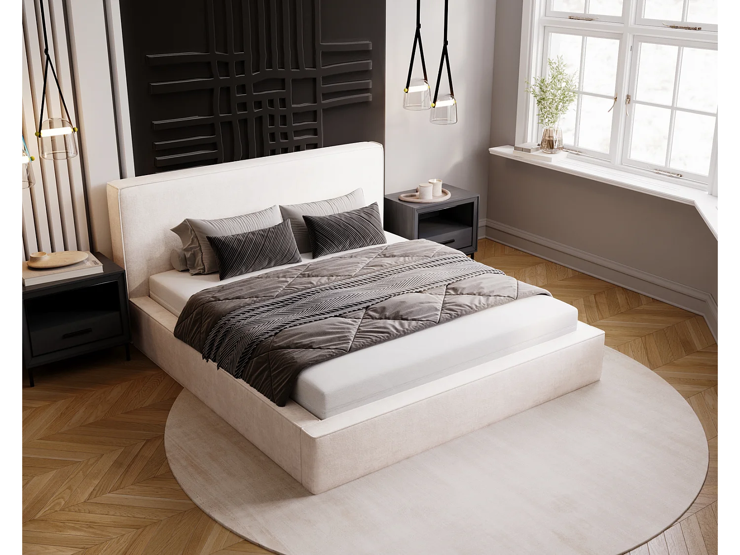 Emporius Gestoffeerd bed 160x200 Amare - tweepersoonsbed met opbergruimte - fluwelen Crème (Komodo 10)