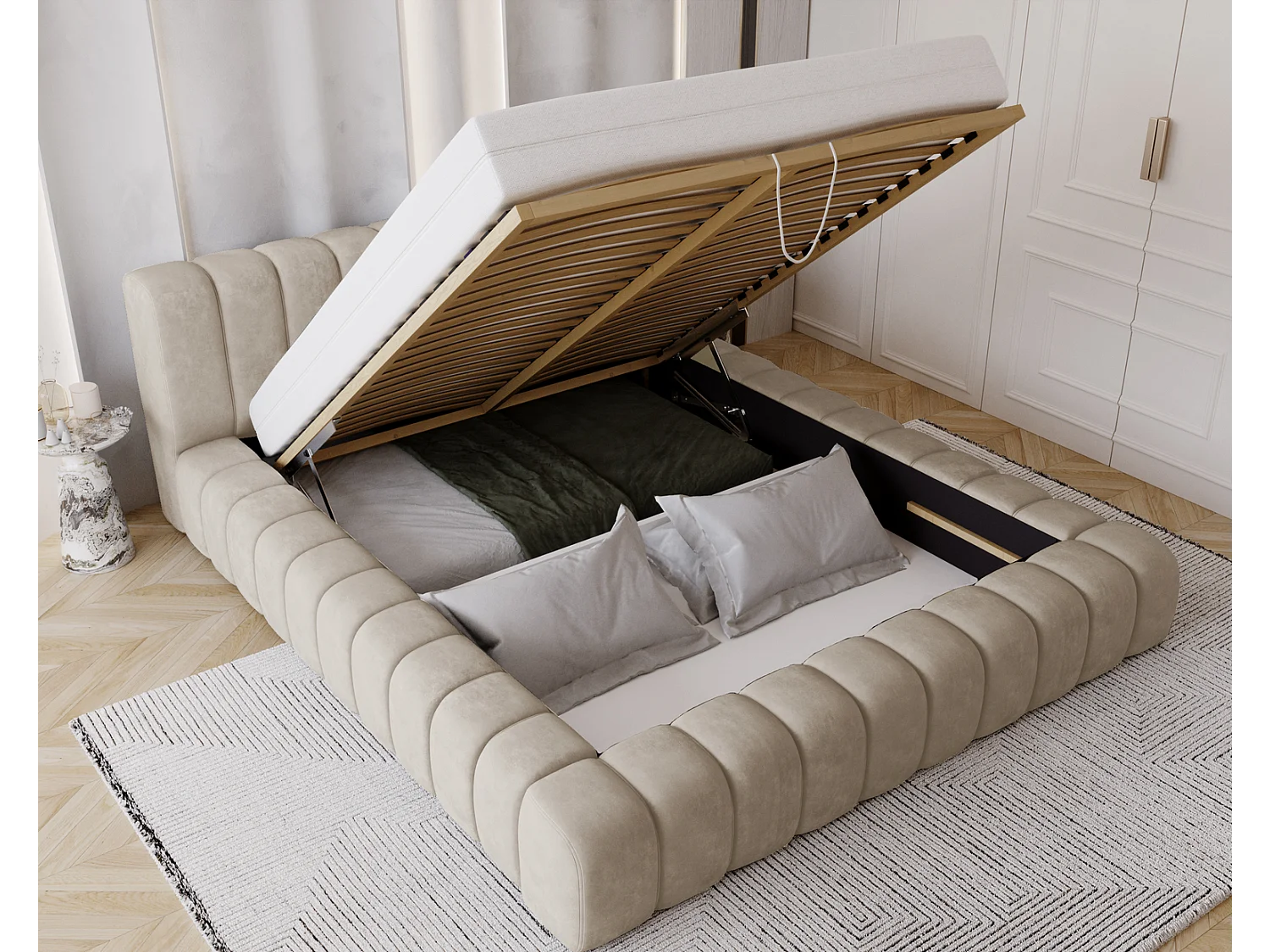 Emporius bed 180x200 met opbergruimte, lattenbodem Como - tweepersoonsbed, dik schuim, fluwelen - Beige (Whisper 2)