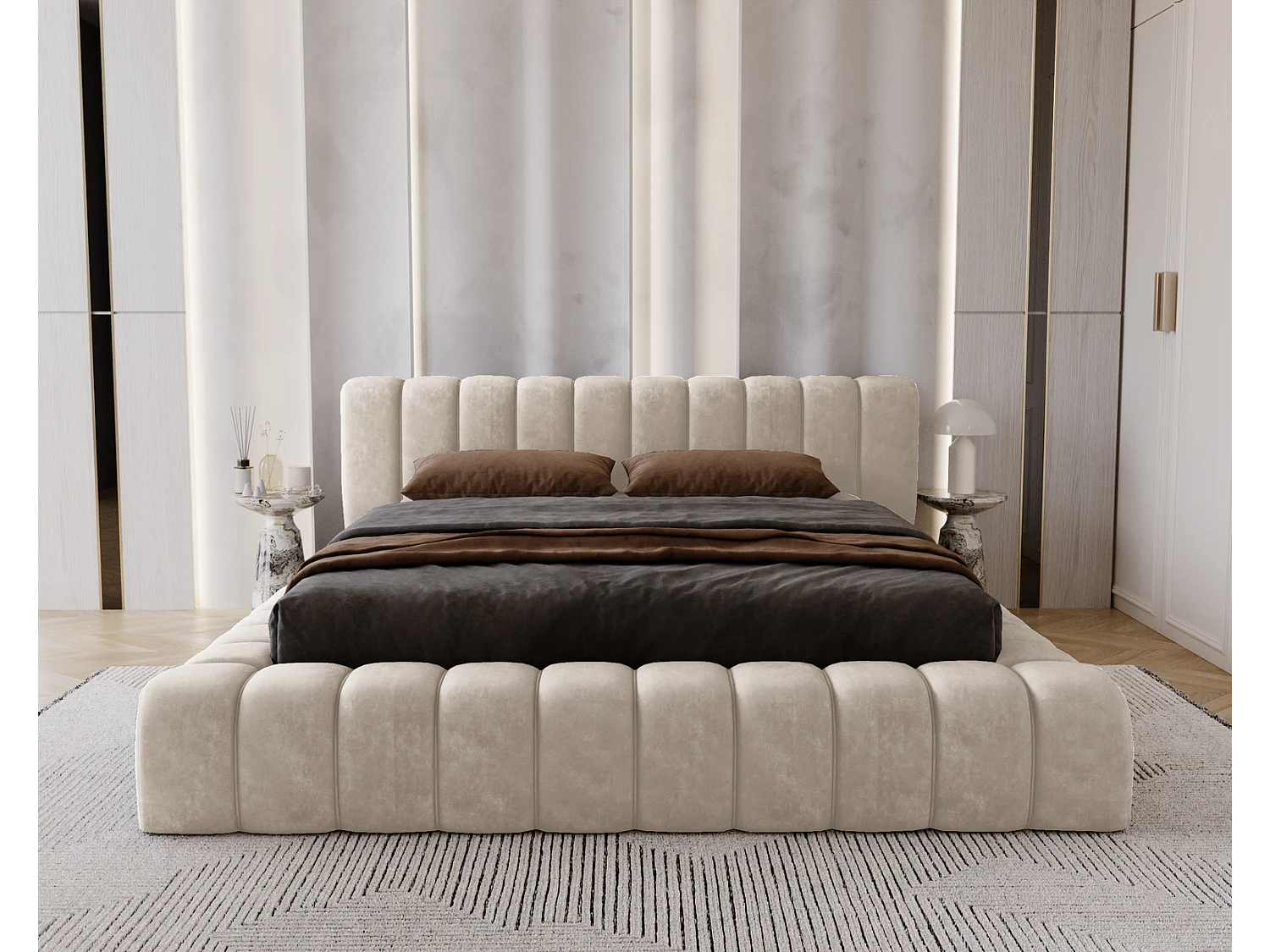 Emporius bed 180x200 met opbergruimte, lattenbodem Como - tweepersoonsbed, dik schuim, fluwelen - Beige (Whisper 2)