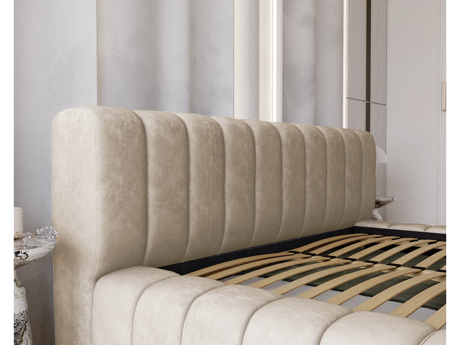 Emporius bed 180x200 met opbergruimte, lattenbodem Como - tweepersoonsbed, dik schuim, fluwelen - Beige (Whisper 2)