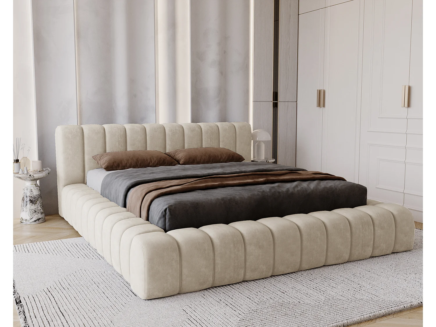 Emporius Lit avec Rangement 180x200cm Como, Lit capitonné, Lit adulte  - Mousse épaisse, tissu Velvet Beige (Whisper 2)