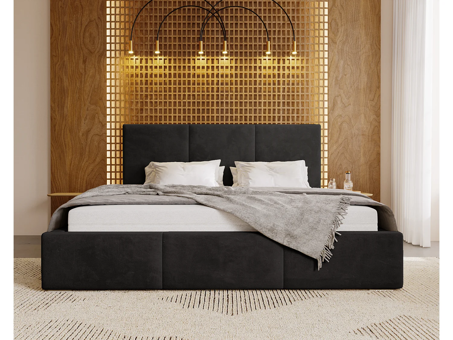 Emporius Lit 200x200 Lary - Lit avec rangement, Lit adulte rembourré - sommier à Lattes, tissu velours Noir (Magic Velvet 2219)