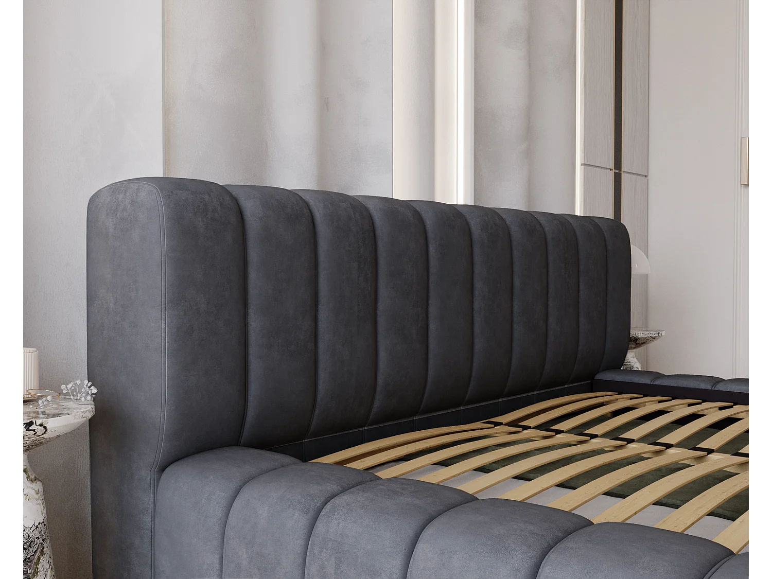 Emporius bed 180x200 met opbergruimte, lattenbodem Como - tweepersoonsbed, dik schuim, fluwelen - Donkergrijs (Whisper 15)