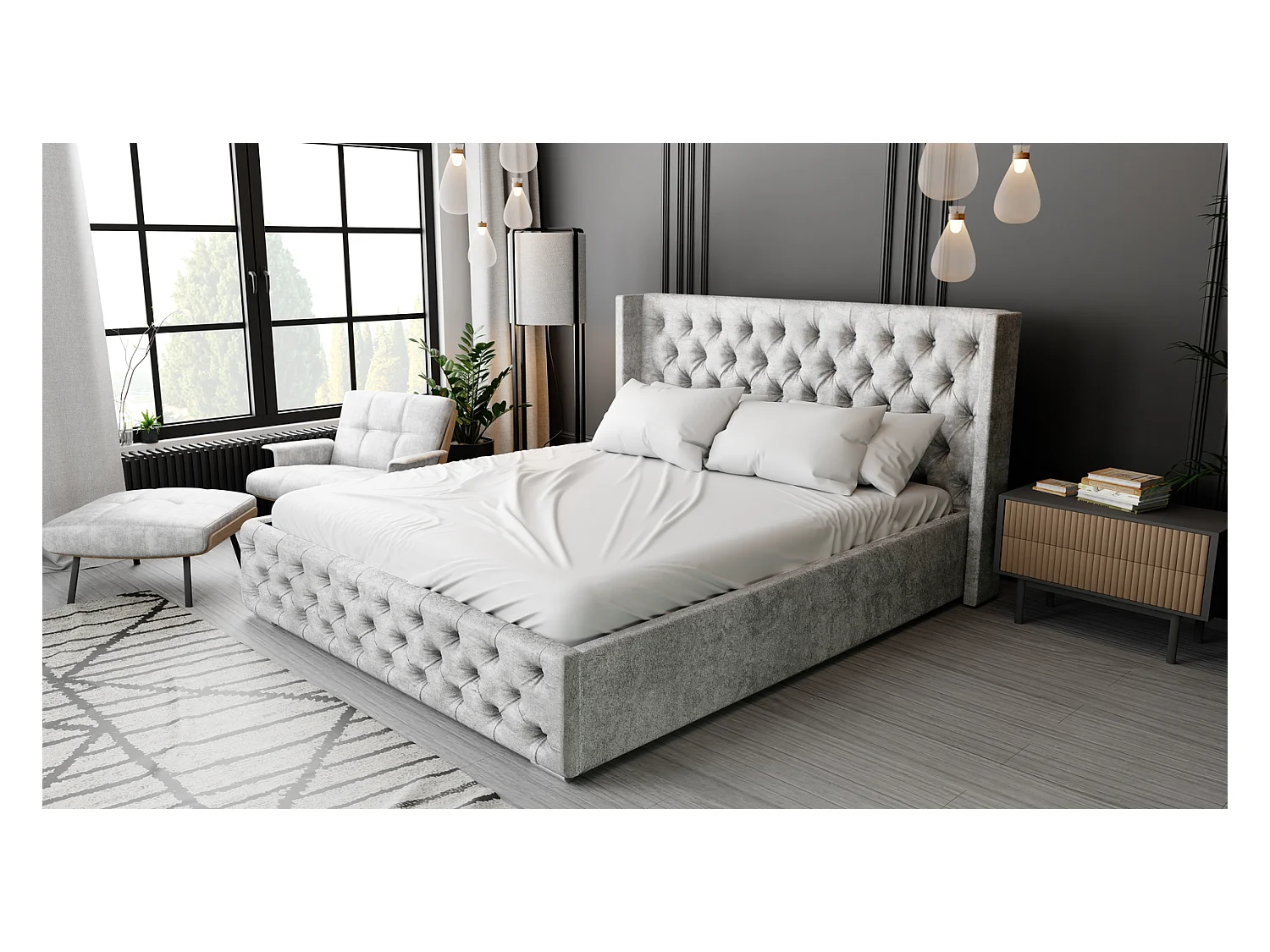 Emporius Tweepersoonsbed 180x200 Rolia - gestoffeerd bed met opbergruimte, Slaapkamer, Tienerkamer - Fluweel Grijs (Paros 05)