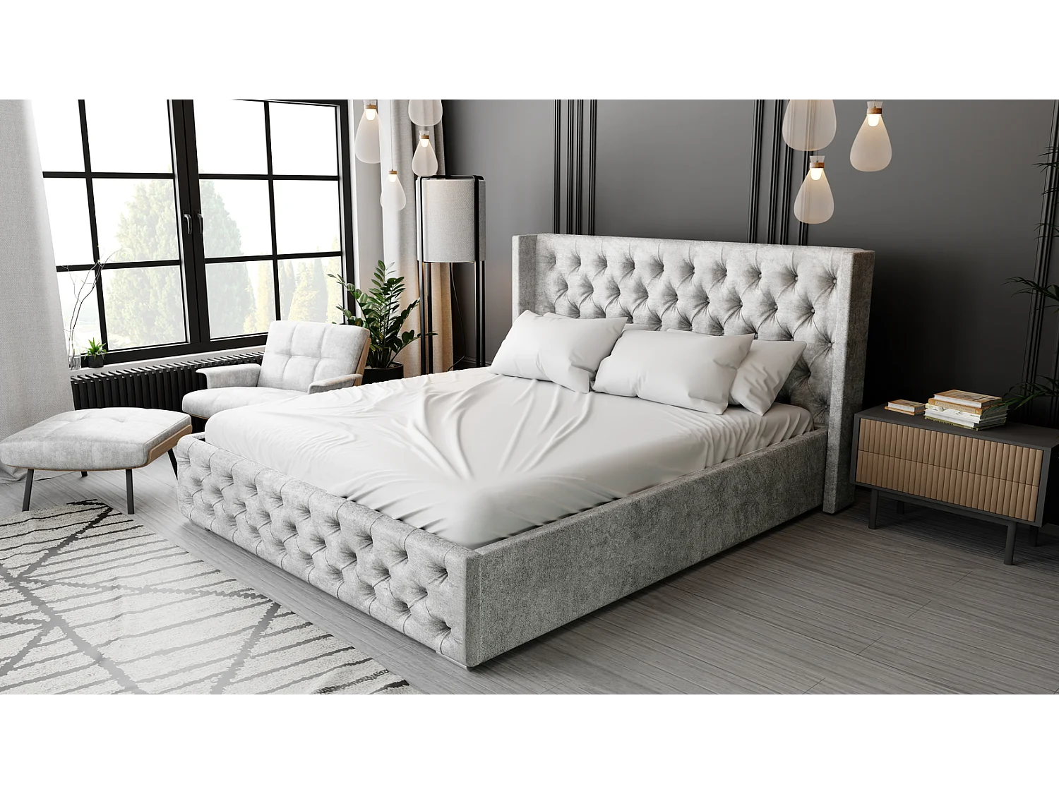 Emporius Rolia łóżko chesterfield 180x200 - pojemnik i stelaż, wysoka jakość - łóżko dwuosobowe 180x200 w stylu glamour - aksamit, szary (Paros 5)