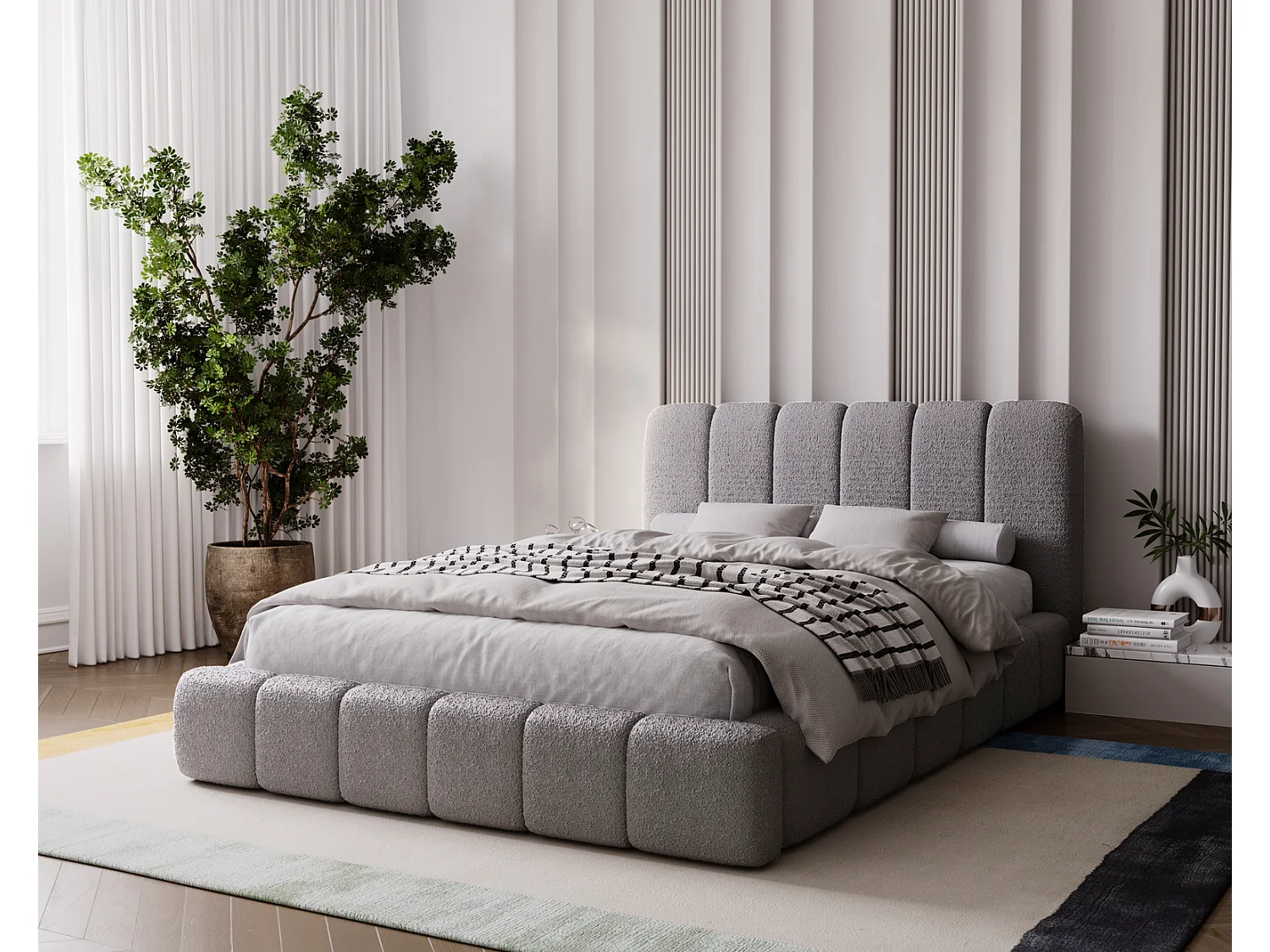 Emporius Lit coffre 140x200 Milan, Lit Rembourré avec Rangement - Lit bouclé Gris clair (Anthology 15)