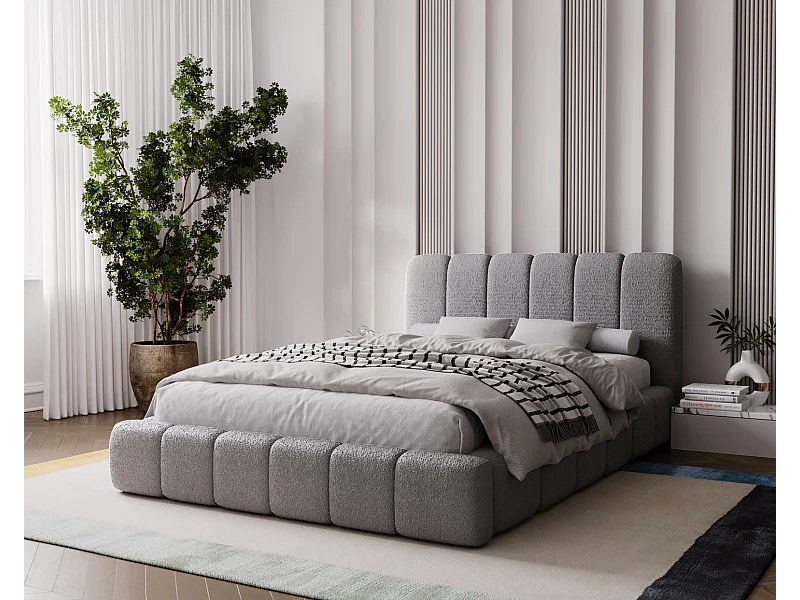 Emporius Lit coffre 140x200 Milan, Lit Rembourré avec Rangement - Lit bouclé Gris clair (Anthology 15)