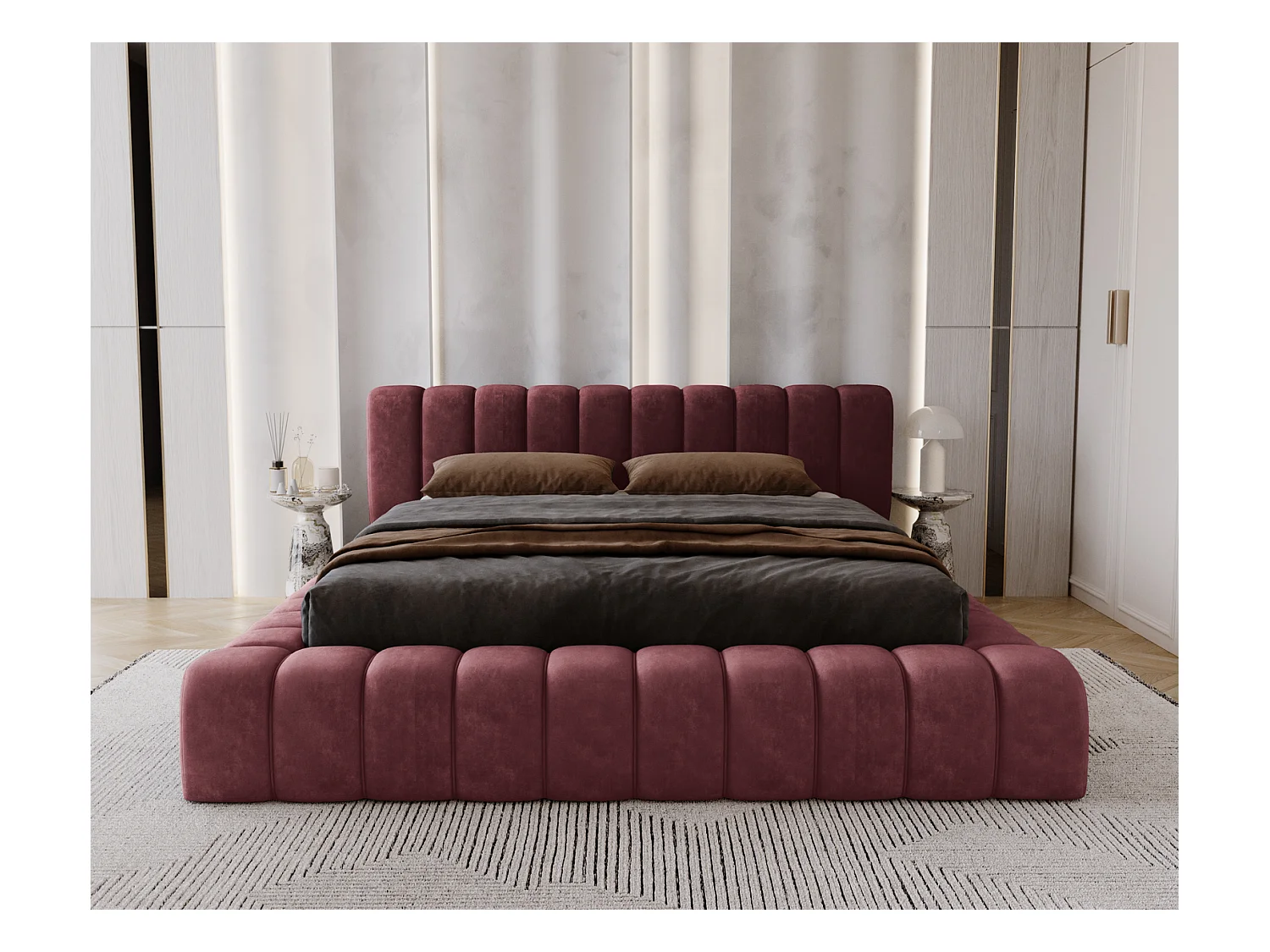 Emporius Lit avec Rangement 160x200cm Como, Lit capitonné, Lit adulte  - Mousse épaisse, tissu Velvet Rouge (Whisper 14)