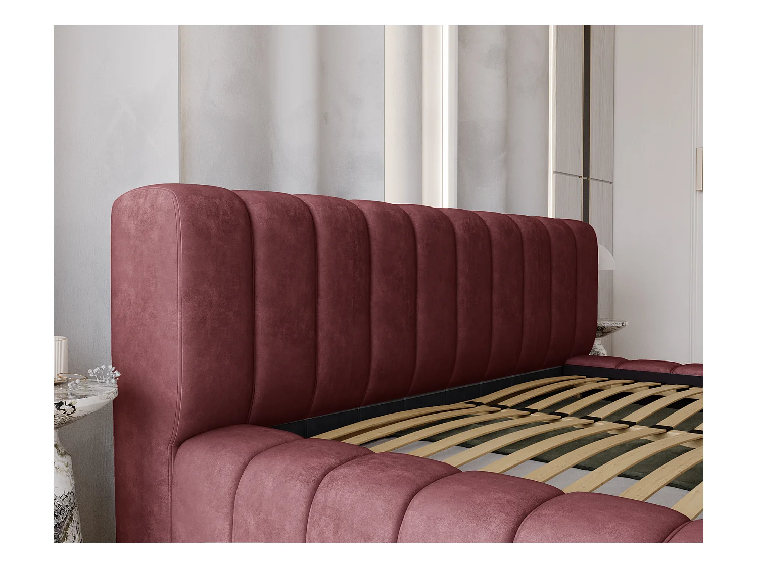 Emporius Lit avec Rangement 160x200cm Como, Lit capitonné, Lit adulte  - Mousse épaisse, tissu Velvet Rouge (Whisper 14)
