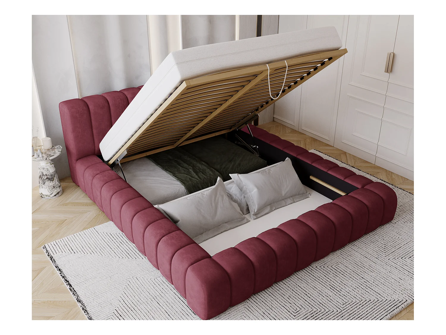 Emporius Lit avec Rangement 160x200cm Como, Lit capitonné, Lit adulte  - Mousse épaisse, tissu Velvet Rouge (Whisper 14)