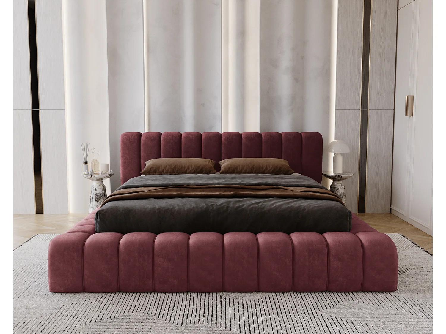 Emporius Lit avec Rangement 160x200cm Como, Lit capitonné, Lit adulte  - Mousse épaisse, tissu Velvet Rouge (Whisper 14)