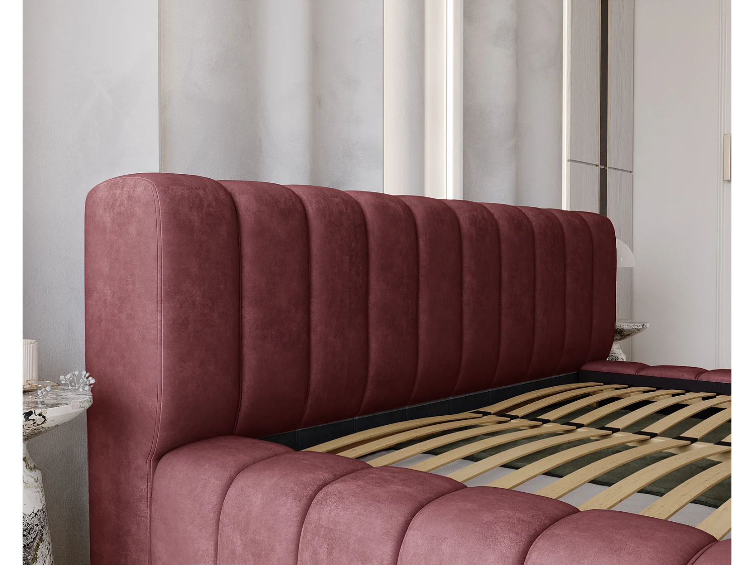 Emporius bed 160x200 met opbergruimte, lattenbodem Como - tweepersoonsbed, dik schuim, fluwelen - Rood (Whisper 14)