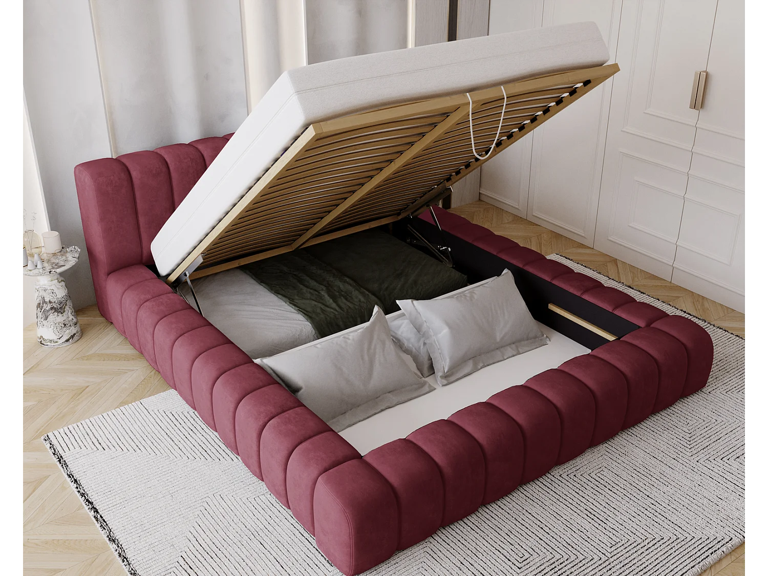 Emporius bed 160x200 met opbergruimte, lattenbodem Como - tweepersoonsbed, dik schuim, fluwelen - Rood (Whisper 14)