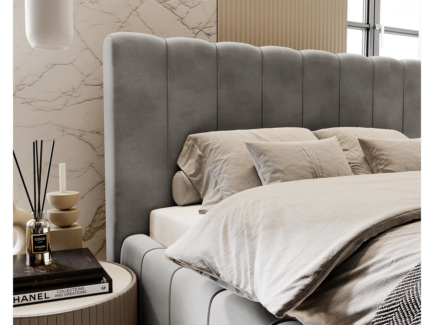 Emporius Lit Capitonné 140x200 Lisbon - Lit avec Sommier à Lattes, Rangement, Tête de Lit - Lit double velvet Gris (Magic Velvet 2217)