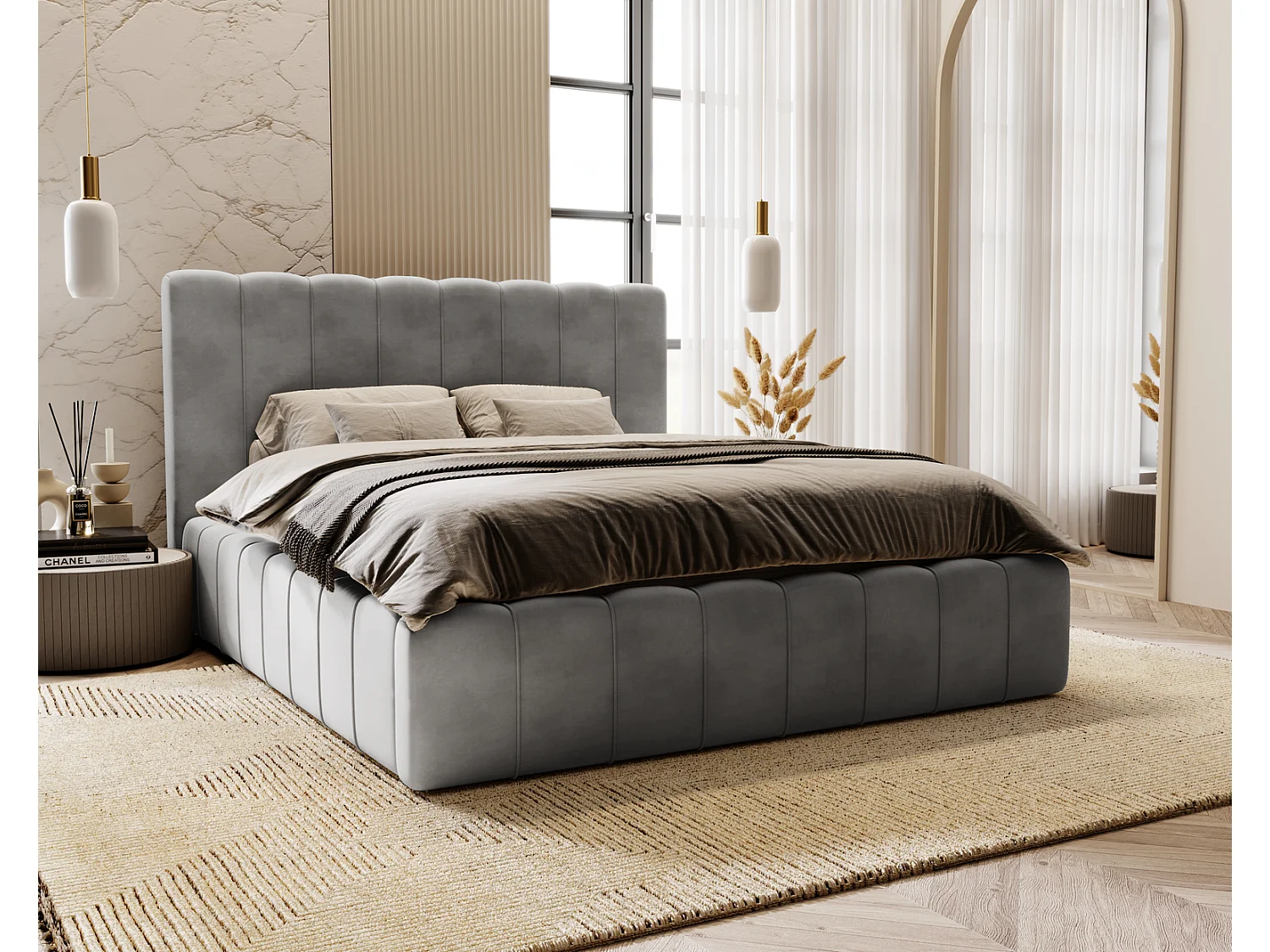 Emporius Lit Capitonné 140x200 Lisbon - Lit avec Sommier à Lattes, Rangement, Tête de Lit - Lit double velvet Gris (Magic Velvet 2217)
