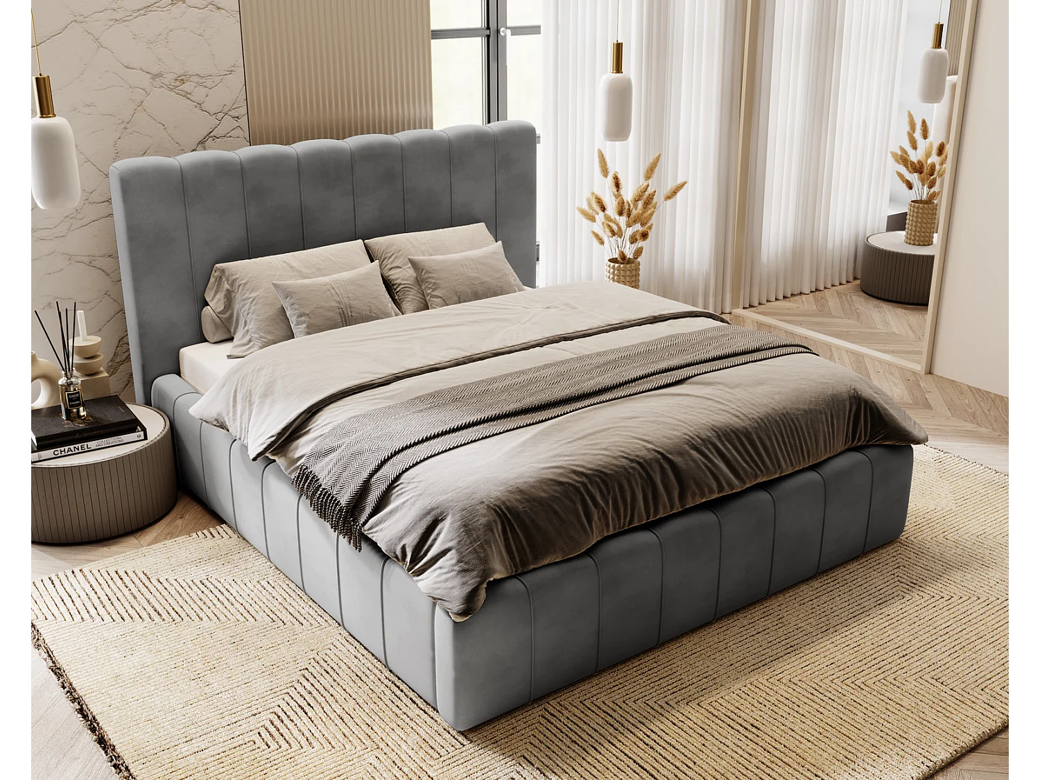 Emporius Lit Capitonné 140x200 Lisbon - Lit avec Sommier à Lattes, Rangement, Tête de Lit - Lit double velvet Gris (Magic Velvet 2217)