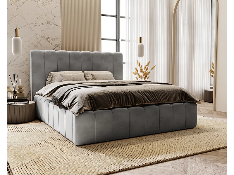 Emporius Lit Capitonné 140x200 Lisbon - Lit avec Sommier à Lattes, Rangement, Tête de Lit - Lit double velvet Gris (Magic Velvet 2217)