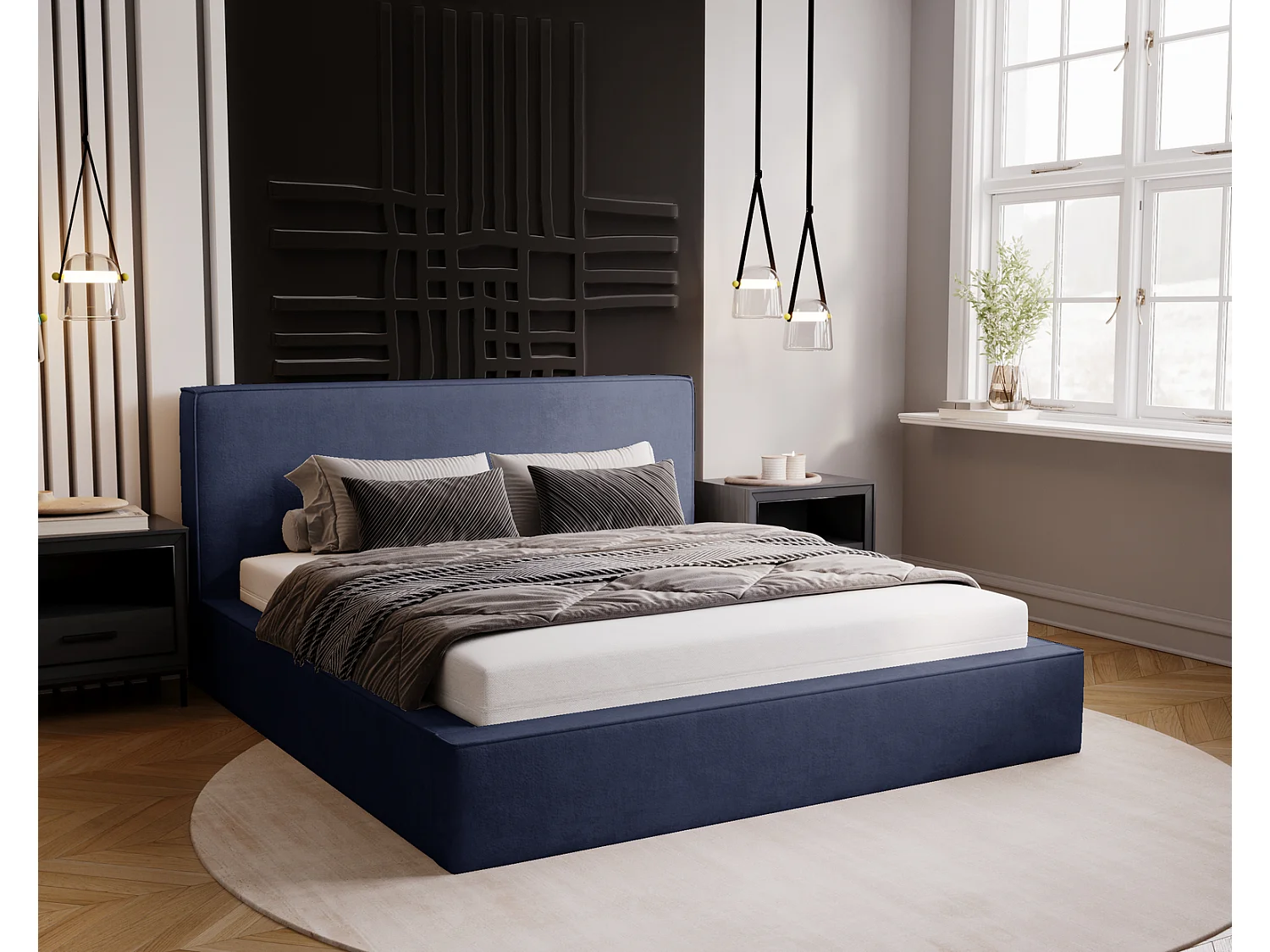 Emporius Lit double, lit adulte avec Rangement 200x200 cm Amare - Velour Bleu (Komodo 50)