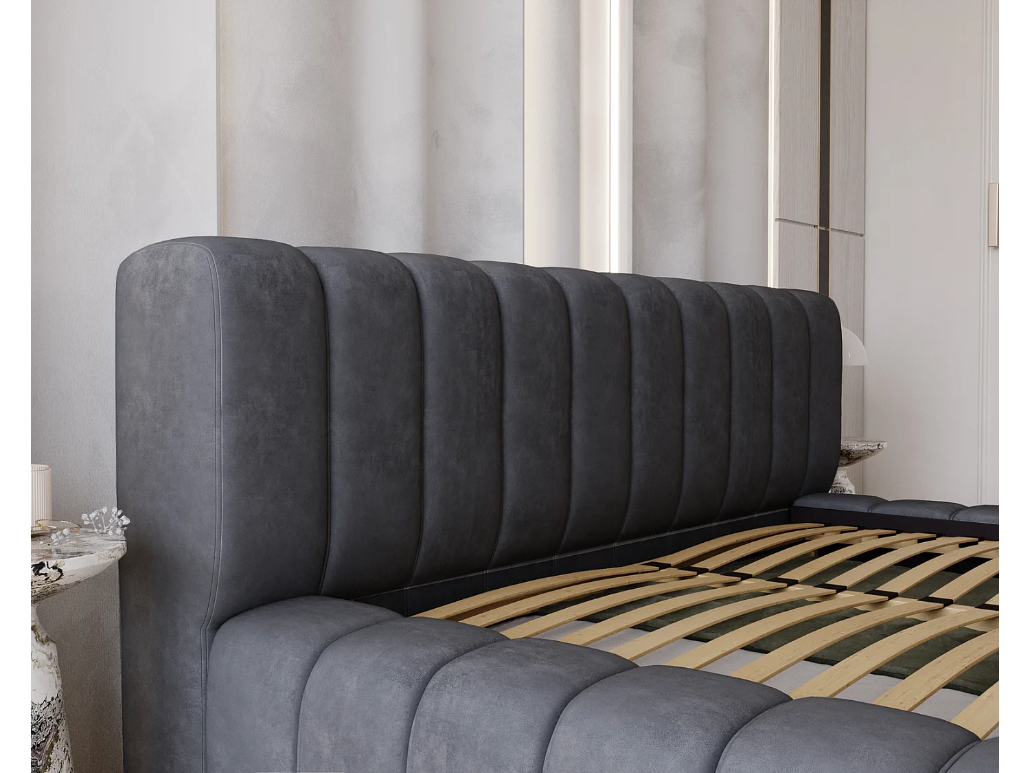 Emporius Lit avec Rangement 140x200cm Como, Lit capitonné, Lit adulte  - Mousse épaisse, tissu Velvet Gris foncé (Whisper 15)