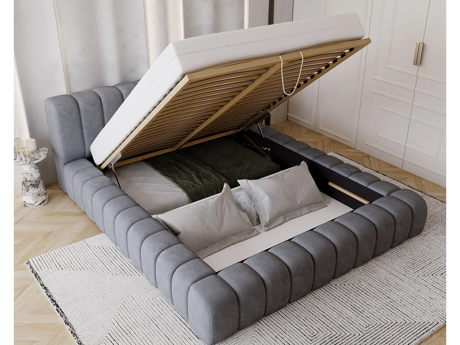 Emporius Lit avec Rangement 140x200cm Como, Lit capitonné, Lit adulte  - Mousse épaisse, tissu Velvet Gris foncé (Whisper 15)