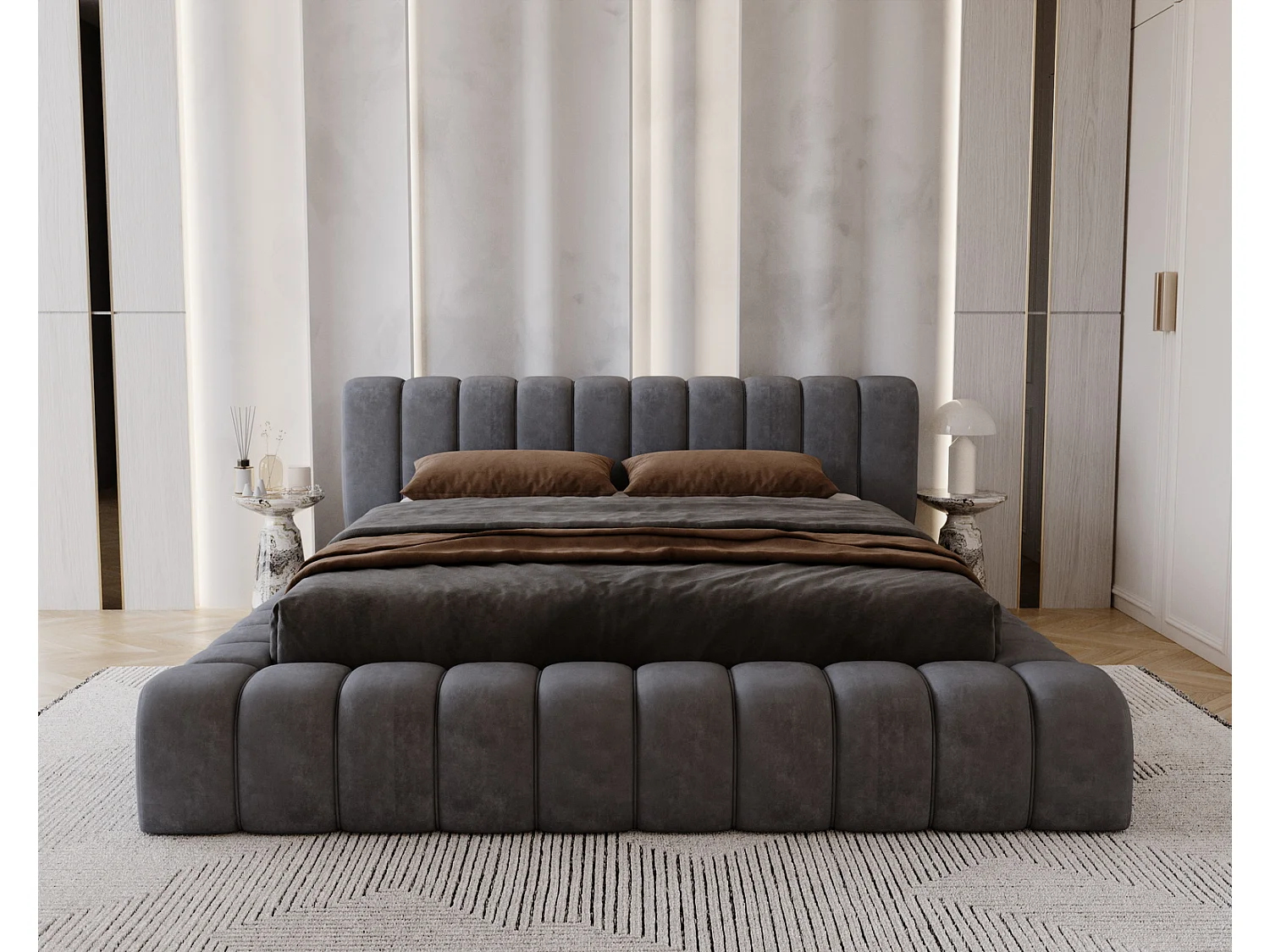 Emporius Lit avec Rangement 140x200cm Como, Lit capitonné, Lit adulte  - Mousse épaisse, tissu Velvet Gris foncé (Whisper 15)