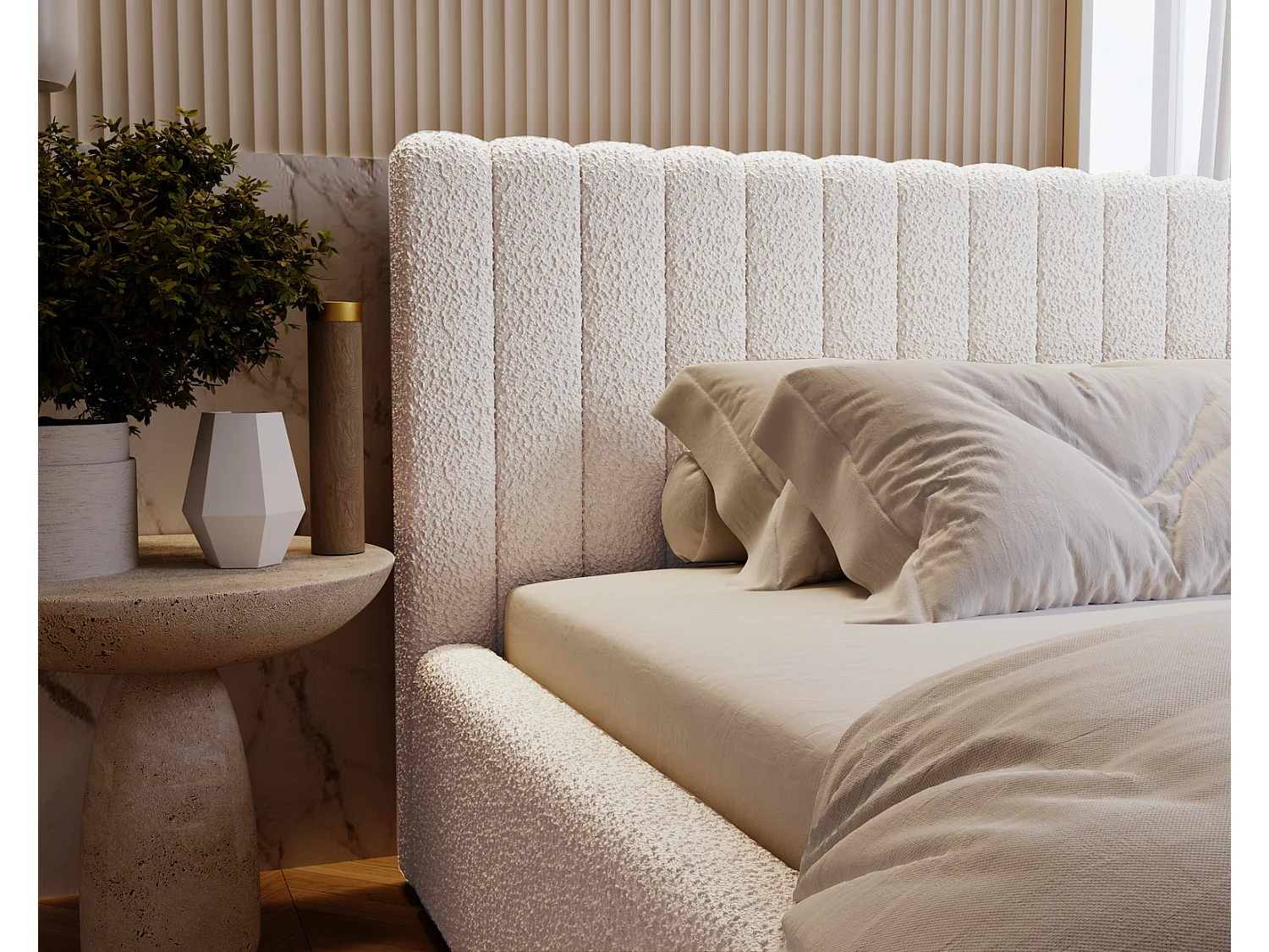 Emporius Gestoffeerd Bed 180x200 Billo - Lattenbodem, Opbergruimte, Beddengoedbox, Hoofdeinde, Bedframe - Tweepersoonsbed - Boucle Crème (Anthology 1)