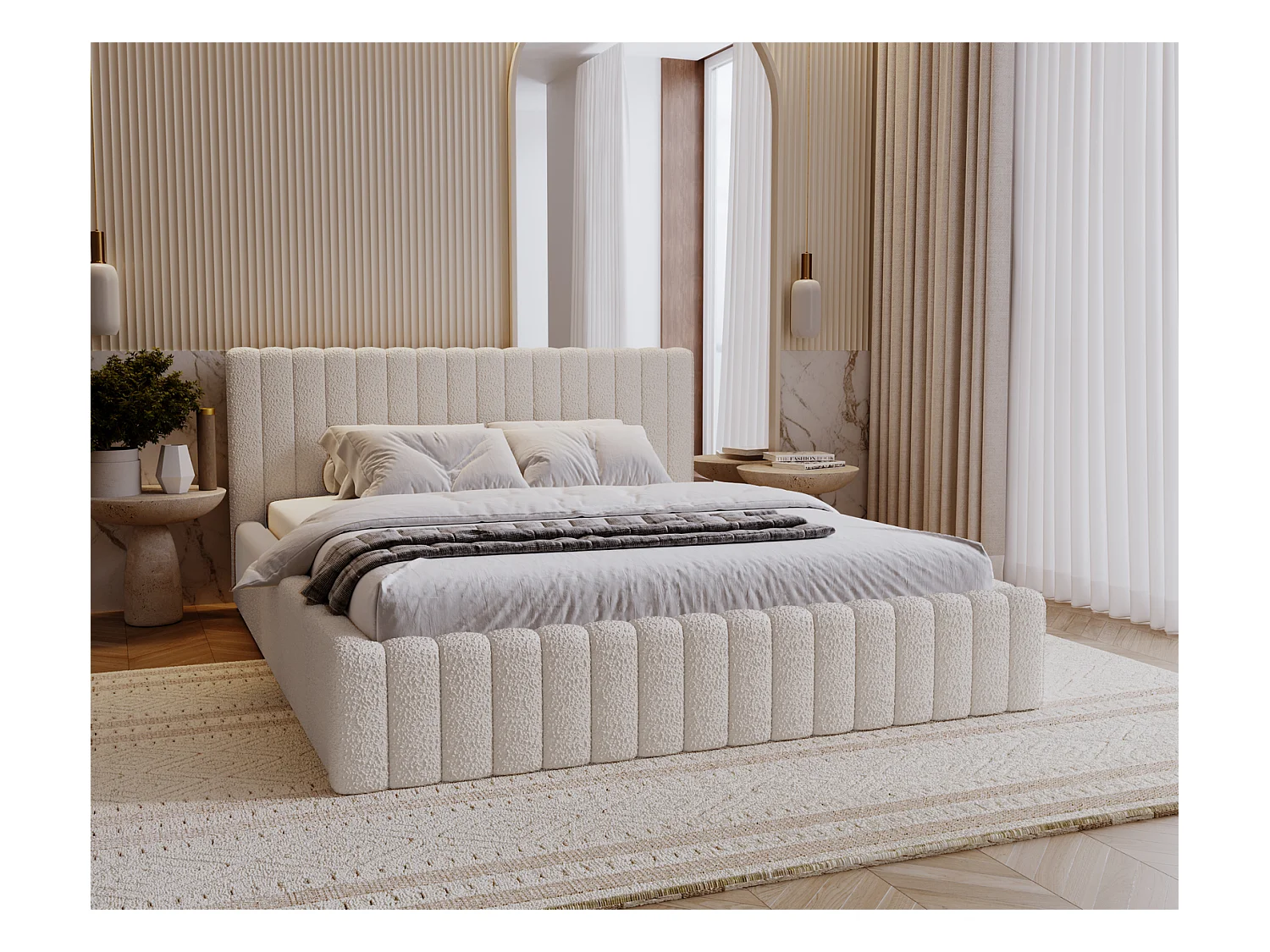 Emporius Lit Rembourré 180x200 cm Billo - lit double avec Rangement, Tête de Lit - Lit adulte, Chambre d'Adolescent - Bouclé Crème (Anthology 1)