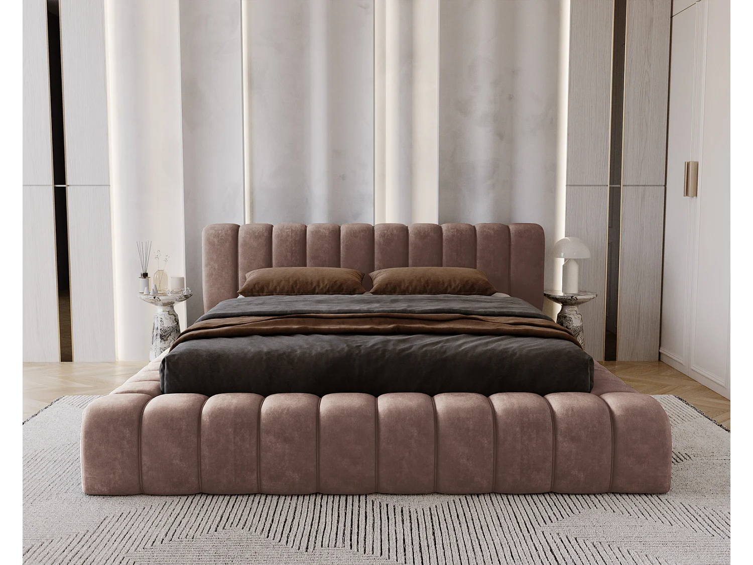 Emporius bed 140x200 met opbergruimte, lattenbodem Como - tweepersoonsbed, dik schuim, fluwelen - Bruin (Whisper 5)