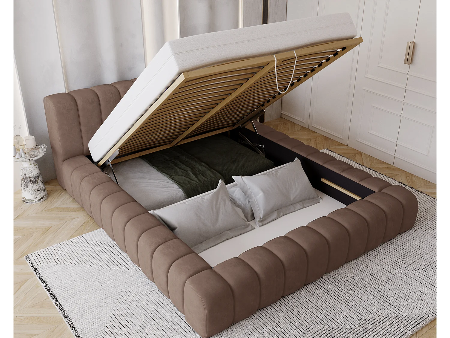 Emporius bed 140x200 met opbergruimte, lattenbodem Como - tweepersoonsbed, dik schuim, fluwelen - Bruin (Whisper 5)