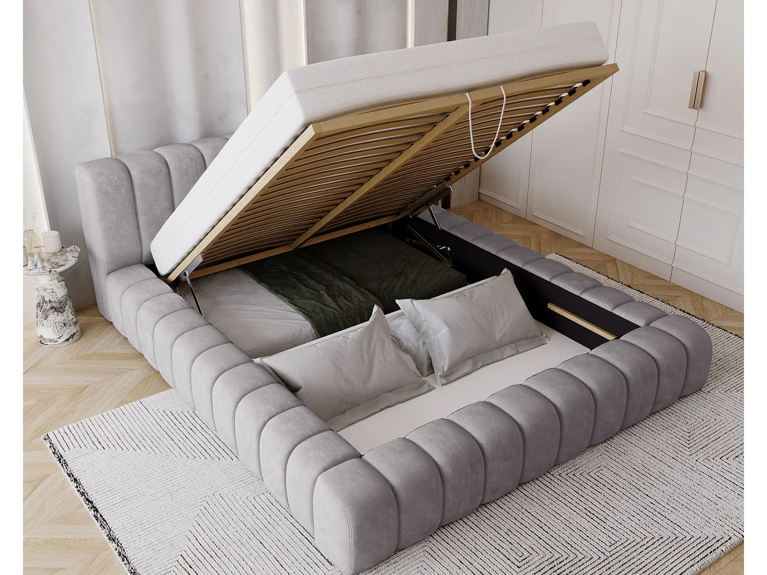 Emporius bed 160x200 met opbergruimte, lattenbodem Como - tweepersoonsbed, dik schuim, fluwelen - Grijs (Whisper 17)