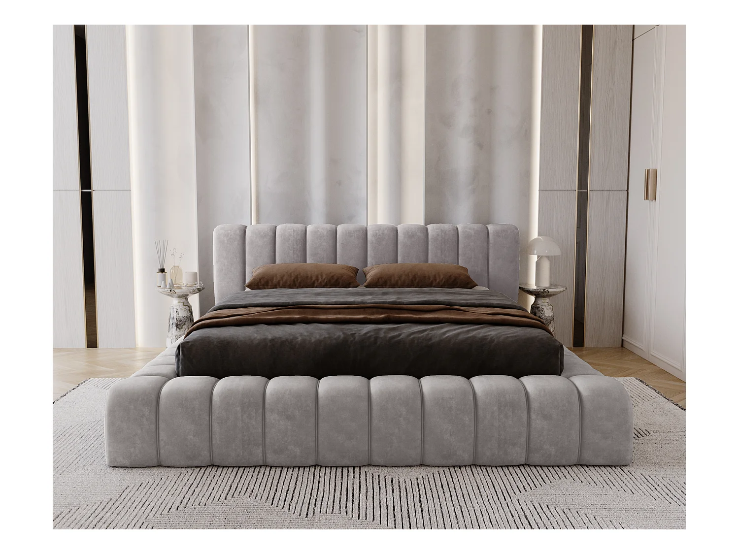 Emporius Lit avec Rangement 160x200cm Como, Lit capitonné, Lit adulte  - Mousse épaisse, tissu Velvet Gris (Whisper 17)