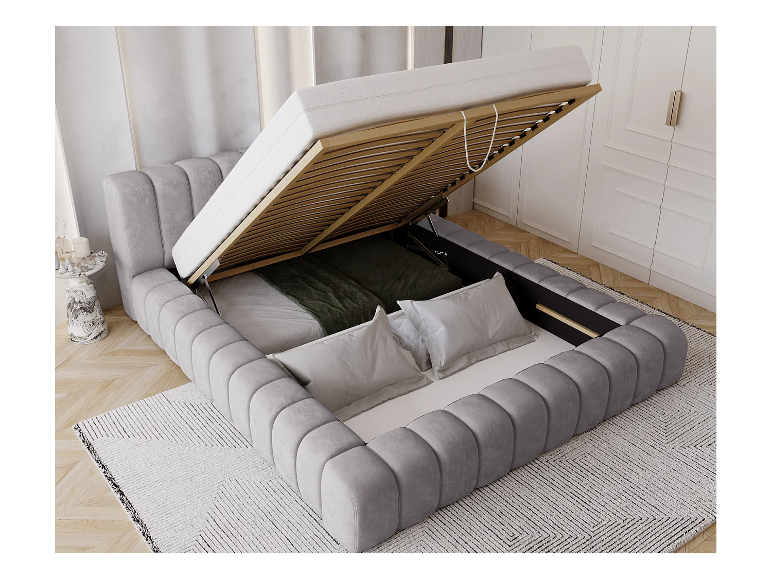 Emporius Lit avec Rangement 160x200cm Como, Lit capitonné, Lit adulte  - Mousse épaisse, tissu Velvet Gris (Whisper 17)