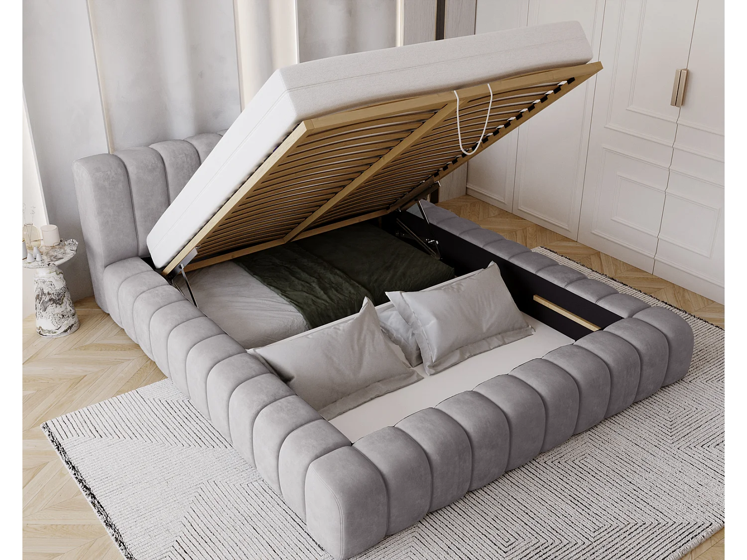 Emporius bed 160x200 met opbergruimte, lattenbodem Como - tweepersoonsbed, dik schuim, fluwelen - Grijs (Whisper 17)