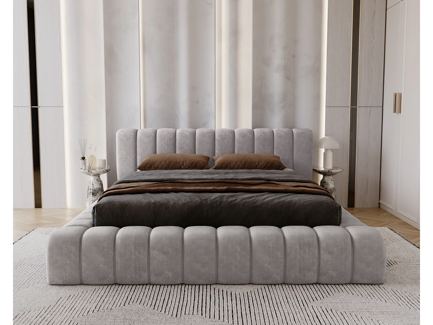 Emporius Lit avec Rangement 160x200cm Como, Lit capitonné, Lit adulte  - Mousse épaisse, tissu Velvet Gris (Whisper 17)