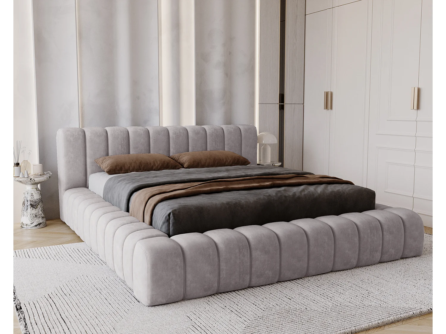 Emporius Lit avec Rangement 160x200cm Como, Lit capitonné, Lit adulte  - Mousse épaisse, tissu Velvet Gris (Whisper 17)