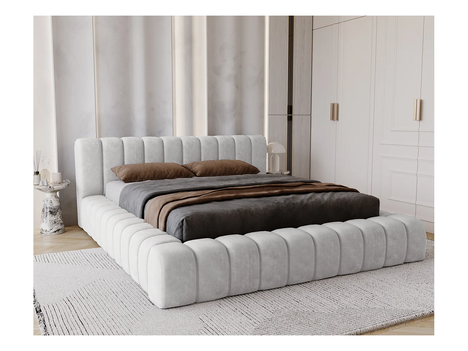 Emporius bed 180x200 met opbergruimte, lattenbodem Como - tweepersoonsbed, dik schuim, fluwelen - Lichtgrijs (Whisper 16)